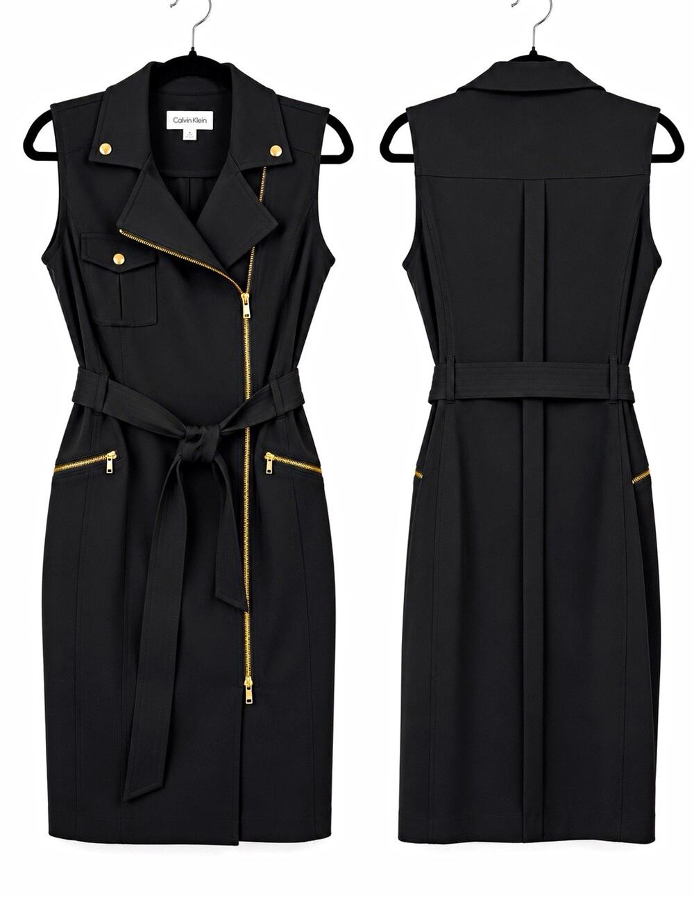 Calvin Klein Black Moto Dress 4 Zip Belted Sleeveless Sheath Utility Career